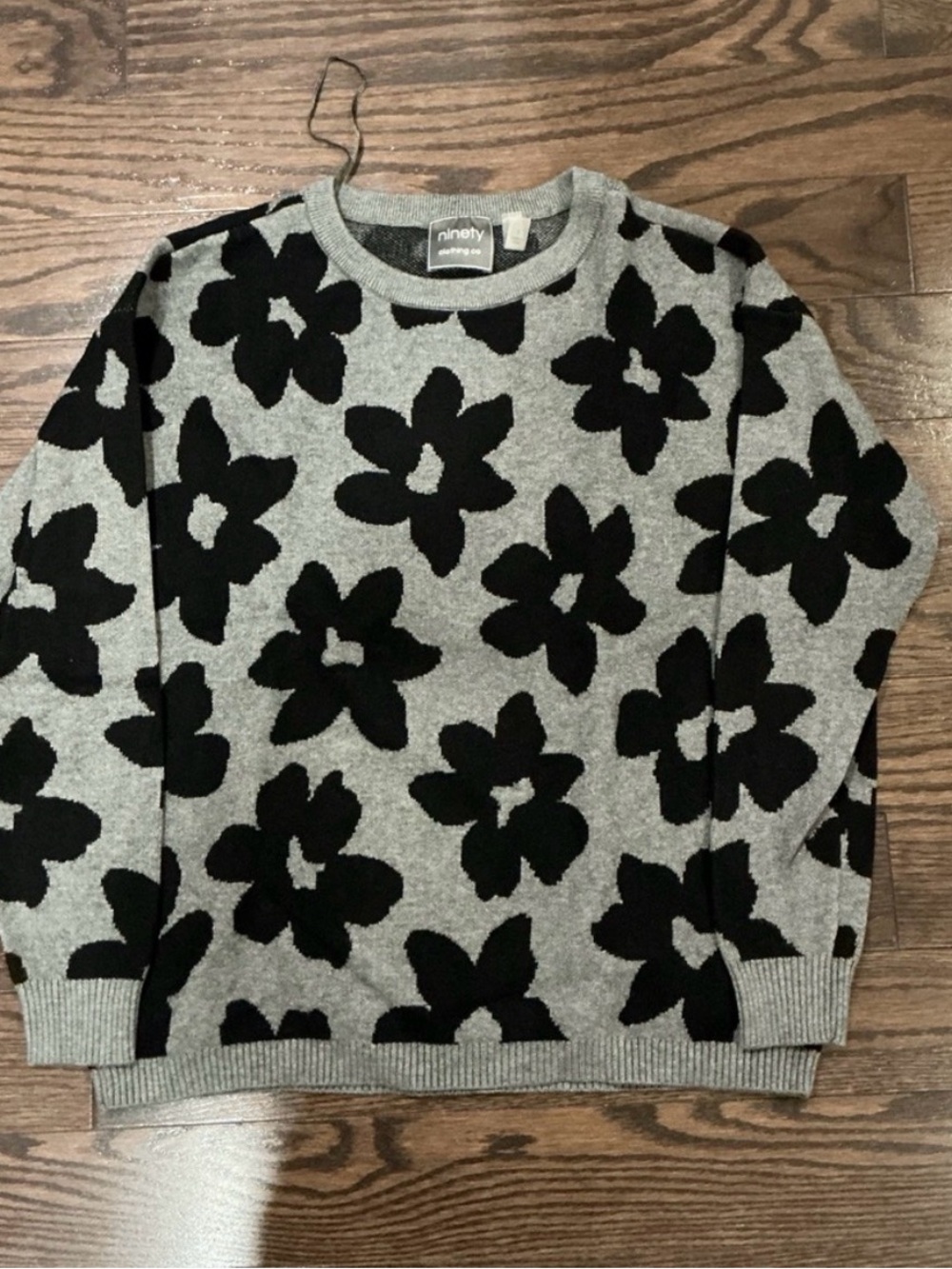 Ninety Grey Crewneck Sweater with Black Floral Jacquard